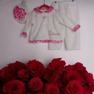 GIRL'S 3 PC. OUTFIT IVORY & PINK ANIMAL PRINT SIZE XL‎ BRAND UNKNOWN FLEECE
